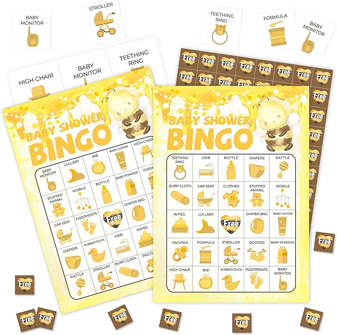 Baby Shower Games Bingo Cards, Honey Bee Theme Bingo Game, Shower Game for Family Friends Large Multiplayer Group Activities, Bumble Bee Party Birthday Favors Gifts -15