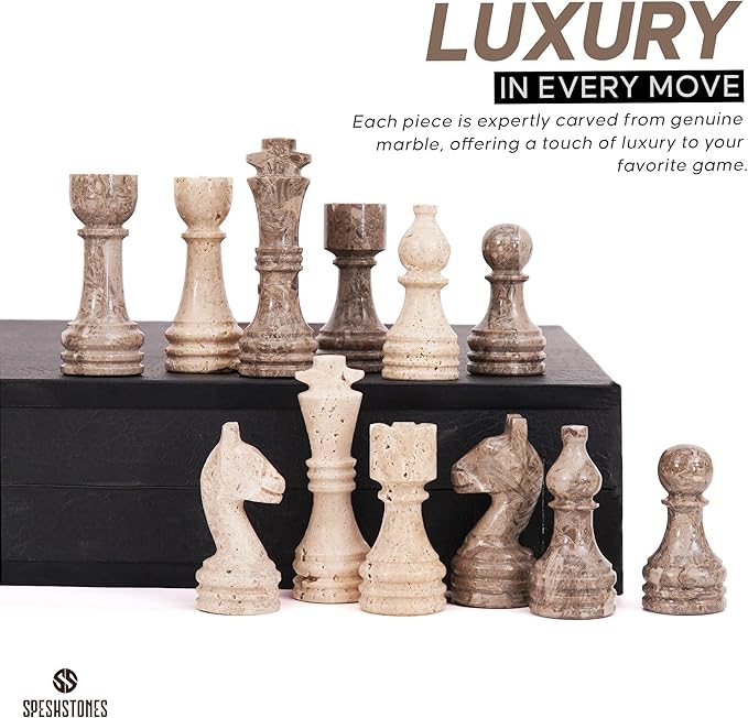 Marble Chess Set 15 Inch Oceanic & Travertine Checkers Board Game with Pieces, 2 Extra Queens and Storage Box, Strategy Set for Adults & Family, Travel, Tabletop Play