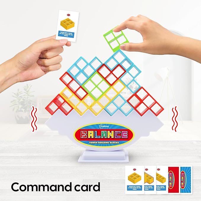 iYuePeng 16PCS Tetra Balance Tower Drop Game Fun Stacking Blocks with Storage Box & Wheel Spinner Balancing Interactive Board Games for Kids Age3+ Perfect for Family Game Night, Classroom