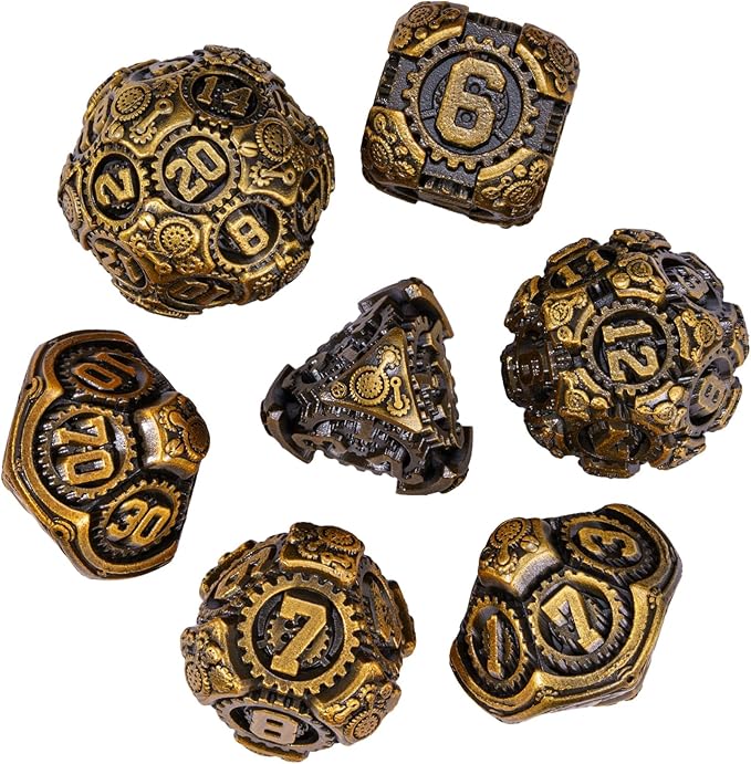 Metal Dice Set D&D, 7-Die DND Dice Metal Gear Dice with Gift Bag for DND Dungeons and Dragons Role Playing Games(Antique Gold)