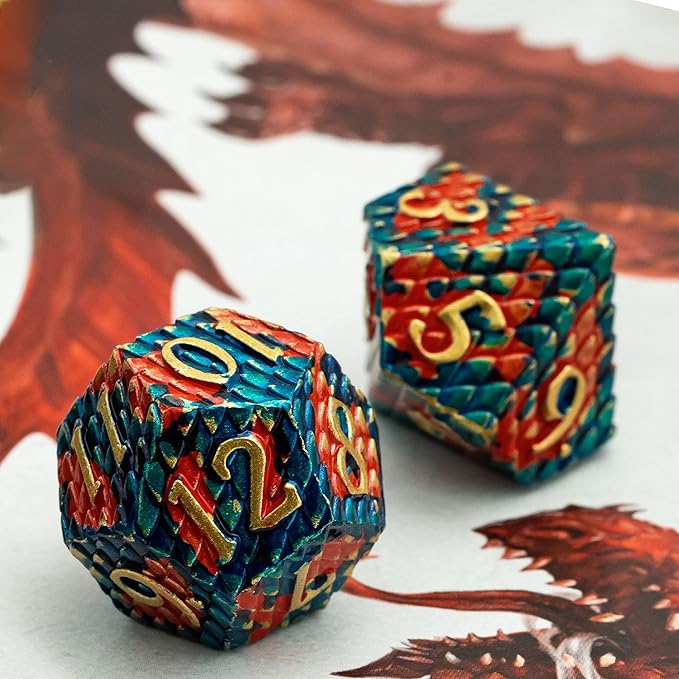 UDIXI Metal Dice Set, Dragon Scale D&D Metal DND Dice with Dice Pouch for Role Playing Games Dungeons and Dragons and Other Tabletop Game (Blue with Orange)