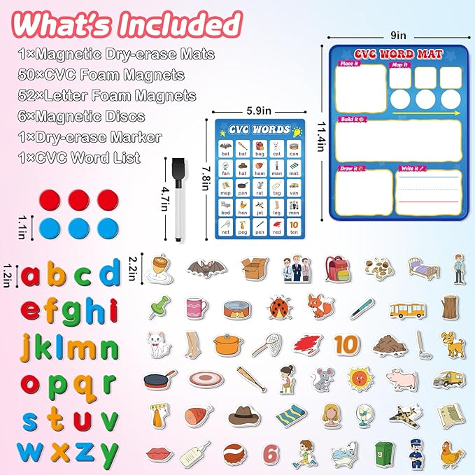 CVC Word Games,Phonics Games,Magnetic Letters & Dry Erase Board,Refrigerator Fridge Alphabet ABC Magnets for Kids Toddlers,Elkonin Box,Speech Therapy,Spelling Reading Manipulative Classroom