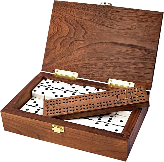 Alex Cramer Double 6 Spinner Dominoes Set with Spinners. Deluxe Dominos Set in American Made Luxury Walnut Case