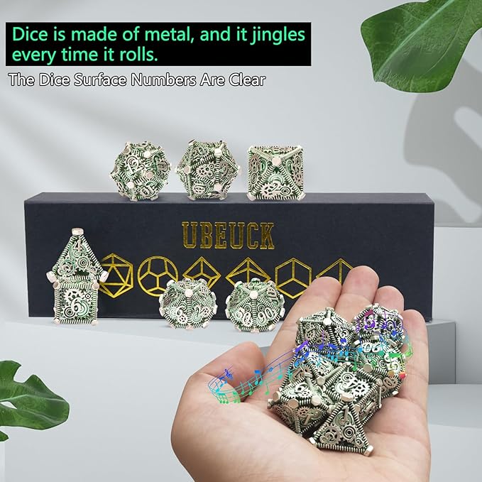DND Metal Dice Set, UBEUCK 7PCS Gear Metal DND Dice Set for Dungeons & Dragons Board Games Boxes(Gear Green)
