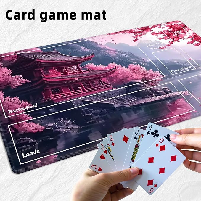 for MTG Playmat with Zones Storage Bag,for TCG Playmat and Playing Card Mat for Magic Board Games, Temple Cherry Tree Non Slip Stitched Edges Game Mat, Rollable Foldable Card Playmats