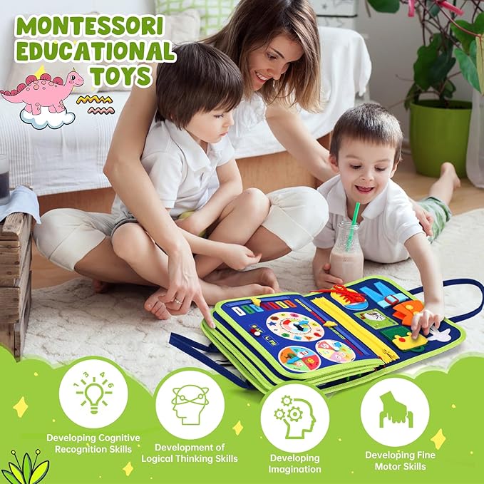 Toddler Busy Book，Dinosaur Toys for Kids 3-5，Busy Board，Montessori Toys，Toddler Travel Toys，Educational Toys，Sensory Board Fine Motor Toys，Toddler Airplane Travel Essentials Quiet Books