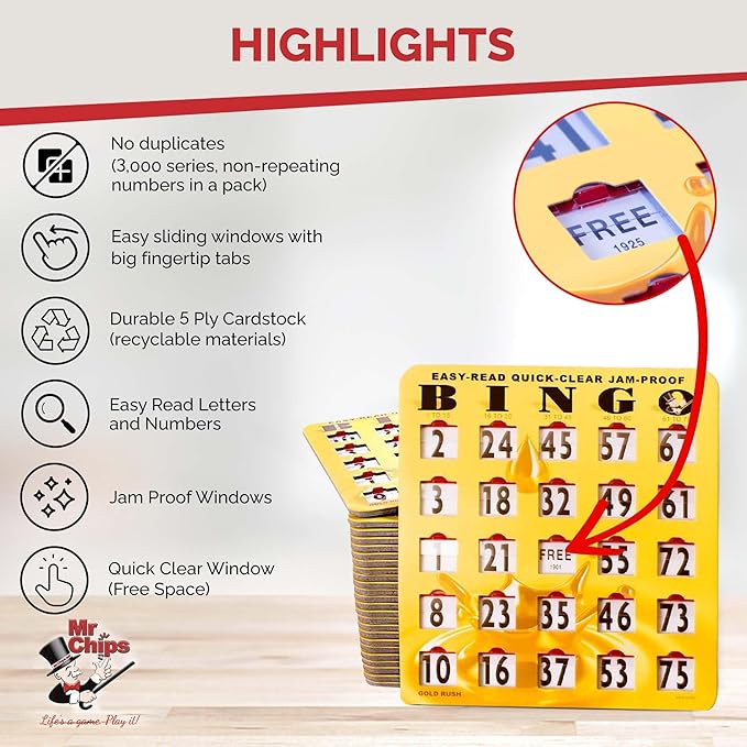 MR CHIPS Jam-Proof Bingo Cards with Sliding Windows, 50 Reusable Shutter Cards, 75 Calling Cards 1 Master Board in Gold Rush Style