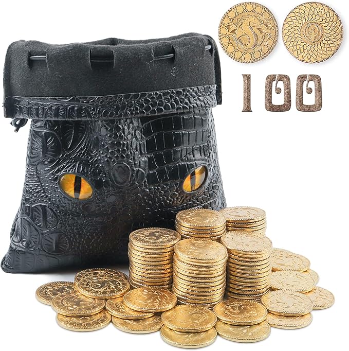 100 Metal Gloden Coins with Leather Bag, Fantasy DND Coins for Board Game Accessories, Actual Weight Gloen Game Token, DND Gift for DM, Treasure Hunt Coins, Medieval Cosplay Accessories