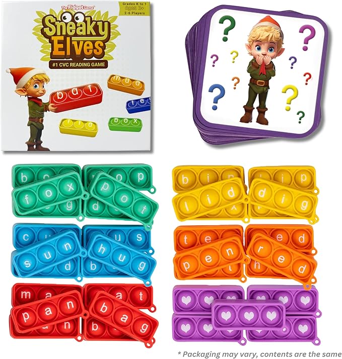 THE FIDGET GAME Sneaky Elves, CVC Sight Words Game, Pop Sensory Toy to Learn and Spell, Educational Kindergarten Classroom Activities, Multisensory Reading and Phonics Flash Cards for Kids 3+ Years