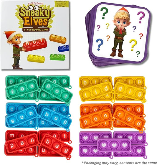 THE FIDGET GAME Sneaky Elves, CVC Sight Words Game, Pop Sensory Toy to Learn and Spell, Educational Kindergarten Classroom Activities, Multisensory Reading and Phonics Flash Cards for Kids 3+ Years