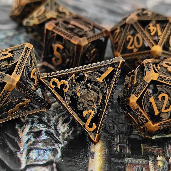D&D DND Dice Set 7pcs Metal Hollow Polyhedron Dungeons and Dragons Gifts Bag TTRPG MTG Pathfinder Board Game Accessories D and D Roll Playing Dice D20 D12 D10 D% D8 D6 D4-Ancient Gold