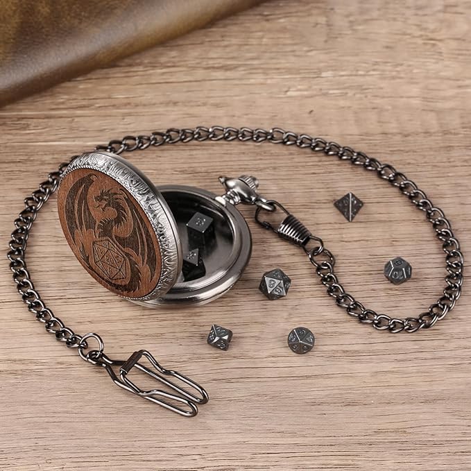 Mini DND Dice Set Wooden Dragon Engraved Pocket Watch Shell Case, 7pcs Polyhedral Metal D&D Dice Set, DND Gifts with Gift Box, Role Playing Board Games Accessories, Silver