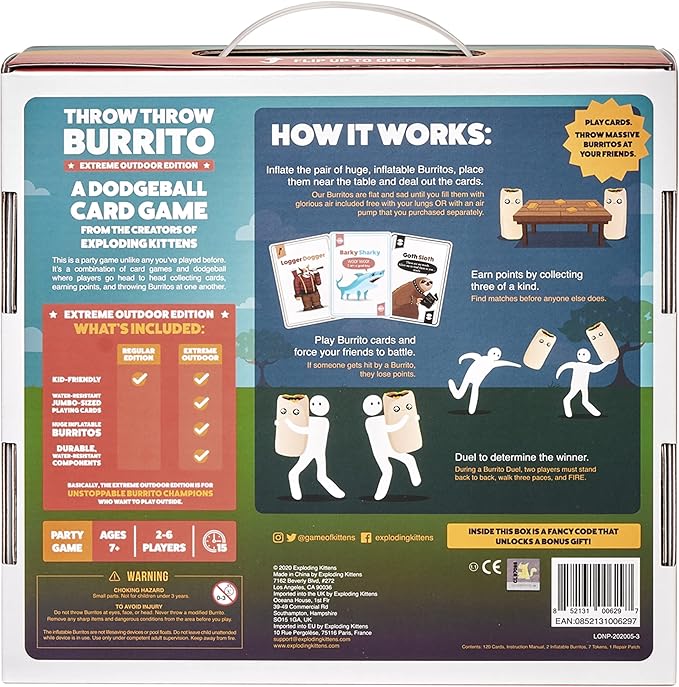 Exploding Kittens Presents Throw Throw Burrito Extreme Outdoor Edition - An Outdoor Dodgeball Card Game - Family Party Card Games for Adults, Teens & Kids 7+ - 120 Cards & 2 Huge Inflatable Burritos