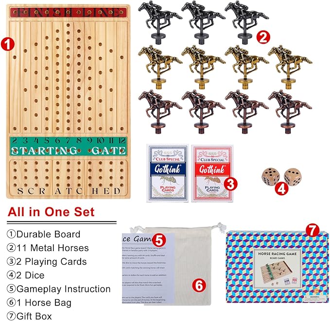 Horse Race Board Game – Thickened Wooden Chessboard with 11 Metal Horses, 2 Dice & 2 Card Decks, Family-Friendly Horse Racing Game for Kids, Adults, Friends & Strategy Game Nights