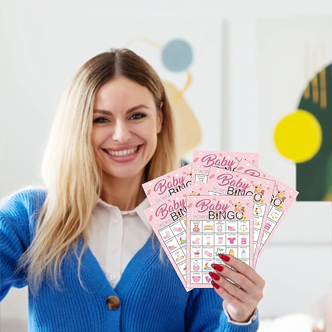 5"x7" Pink Baby Shower Bingo Cards (24 Kinds), Baby Shower Party Favors for Teenagers and Adults, Road Trip Activities, Travel Bingo, School Classroom Party Activity -005babygirl