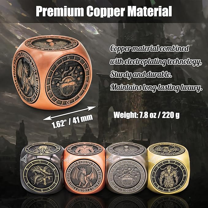DND Spinner Dice, 7 in 1 Unique Metal Dice Set with 3D Relief for Dungeons and Dragons Gifts, Cool Polyhedral Role Playing Game Dice, Fantasy D&D Tabletop RPG Accessories for DM & Player (Copper)