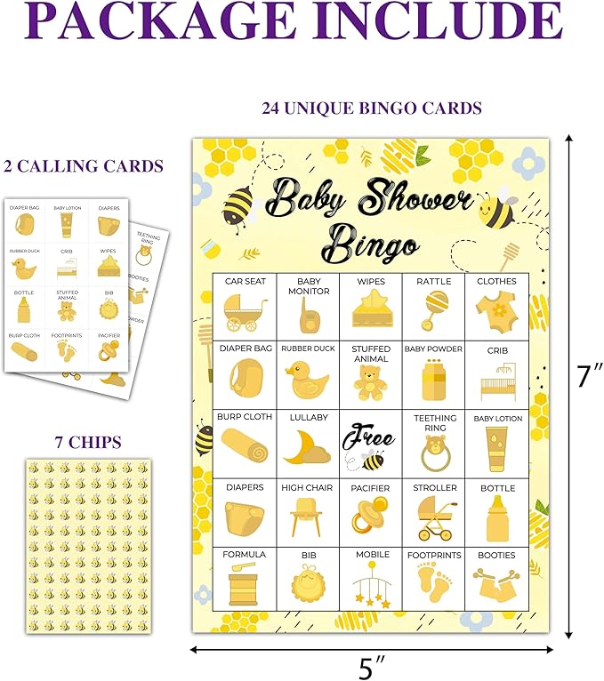 Baby Shower Bingo - 24 Player Bee Themed Game for Adults and Gender Reveal Parties