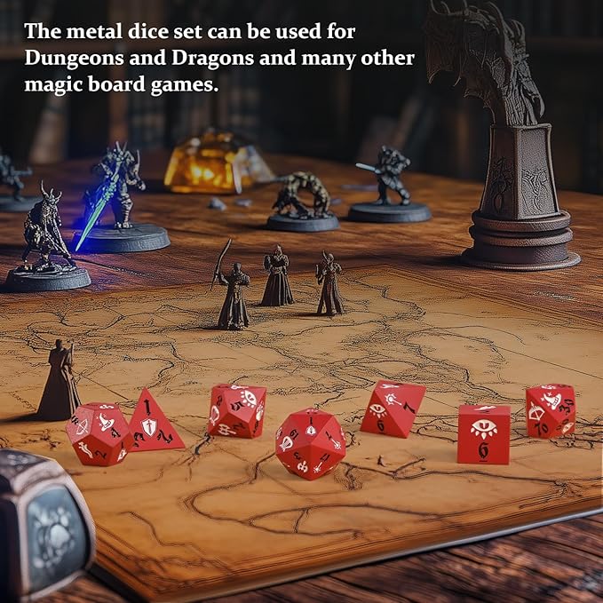 7PCS Metal Dice Set for Dungeons and Dragons,Class Icons Dice,Role Playing Board Games Accessories (Red)