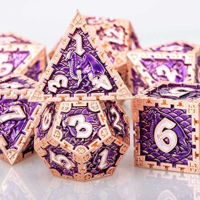 ARUOHHA DND Metal Dice Handmade Purple D and D Dice Gift Box, Dragon Design Polyhedral Role Playing Dice Set D20 D12 D10 D8 D6 D4