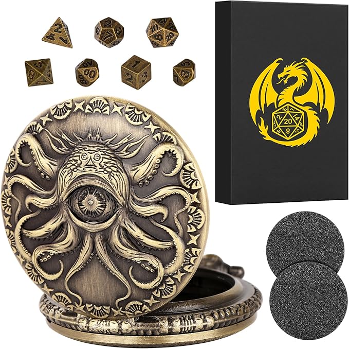 Mini DND Dice Set Steampunk One-Eye Octopus Pocket Watch Shell Case, 7-Piece Polyhedral Metal D&D Dice Set, DND Gifts with Gift Box, Role Playing Board Game Accessories Dice, Bronze