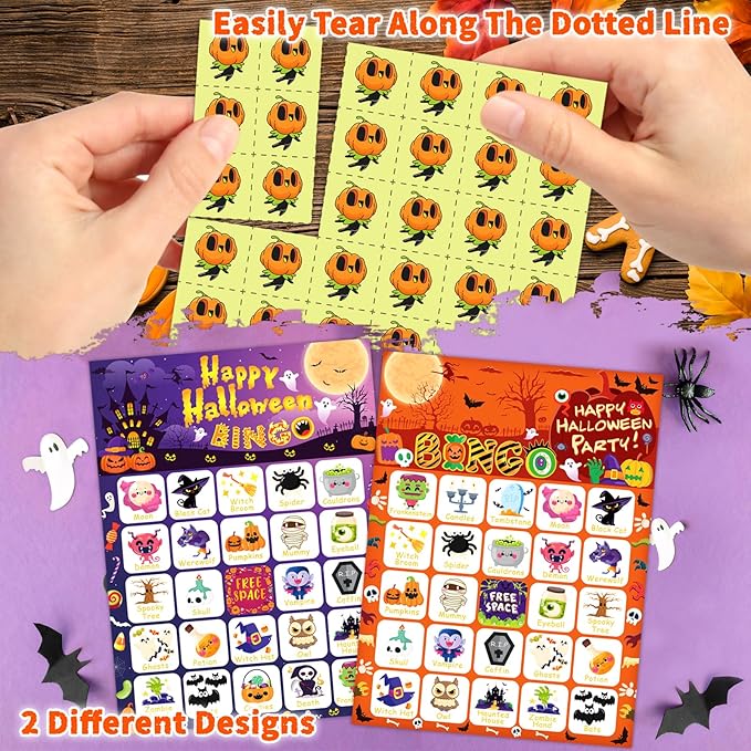 Halloween Bingo Cards, 24 Players Halloween Bingo Game for Kids Adults with Punny Stickers Cute Party Game for Family Classroom Large Group