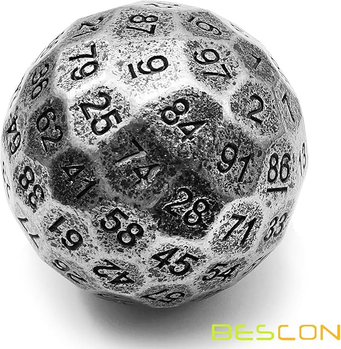 Bescon Solid Metal 100 Sided Dice, Game Dice D100, Giant Polyhedral Metal 100 Sides Dice 50MM in Diameter (1.97in), Ancient Silver