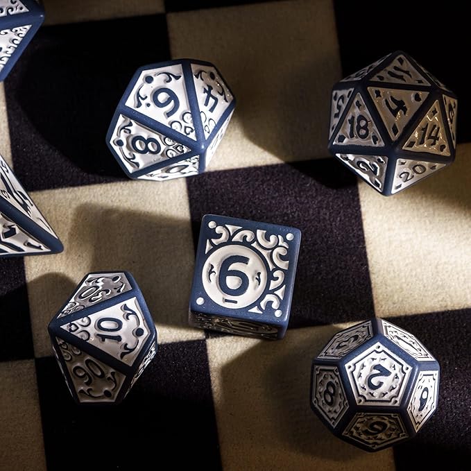7-Die DND Dice Set New Pattern Polyhedral Dice Set with Leather Bag D&D Dice Set for Dungeons and Dragons RPG MTG Table Games(Blue White)