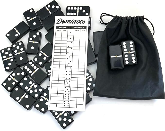 PRK 14 Double Six Dominoes Set Large Size with Reuseable Score pad & Pen Comes with Travel-Friendly Storage Bag Domino Set Black Color (02)
