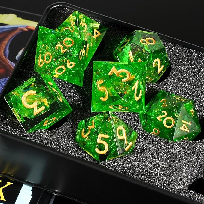 DND Dice Set Sharp Edged Dice Set of 7 DND Faceted Dice Golden Numbers and Beautiful Iron Box Perfect for Dungeons & Dragons RPG and Board Game(Green Gold)
