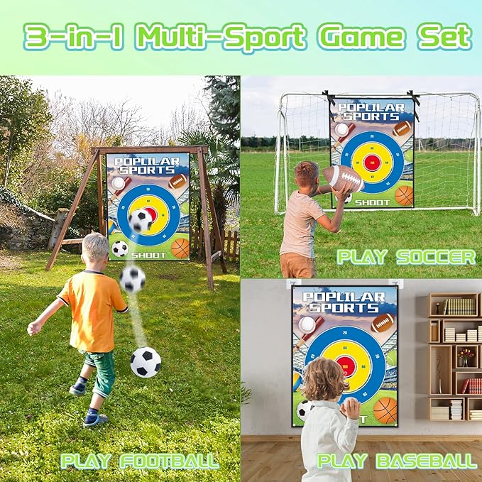 3-in-1 Soccer Football Baseball Gifts-Indoor Outdoor Backyard Toss Soccer Football Baseball Toys Game Set-Gift for 3-12 Year Old Boy Toys Birthday (3-in-1 Game Set No Stand)