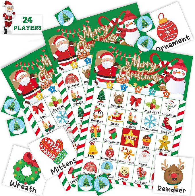 45PCS Christmas Bingo Game Cards for 24 Players Christmas Bingo Games for Classroom Activities Family Party Favors Xmas Gifts Holiday Supplies