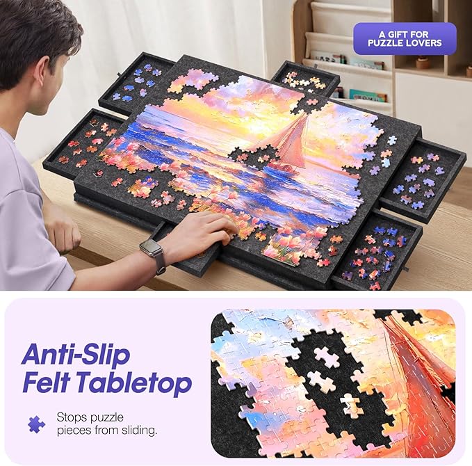 Hatisan 1500 Piece Puzzle Board with Drawers and Cover, Portable Felt Puzzle Table for Adults,Foldaway Jigsaw Puzzle Board for Birthday (Dark Grey, 1500 PCS)