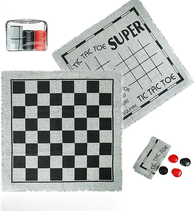 3-in-1 Vintage Giant Checkers and Tic Tac Toe Board Draughts Reversible Rug Game, Big Checker Floor Game Mat, Family Board Game, Lawn Game, BBQ Party Favor, Indoor and Outdoor
