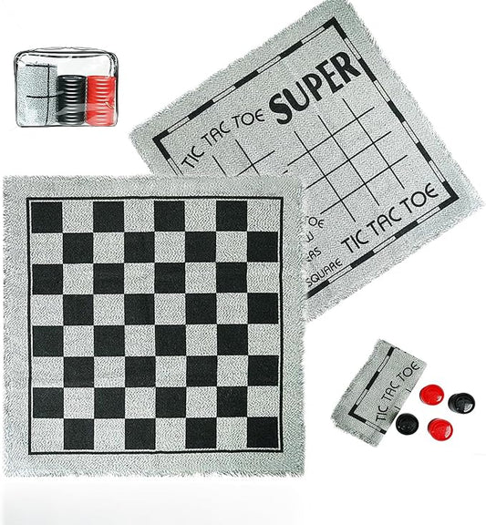 3-in-1 Vintage Giant Checkers and Tic Tac Toe Board Draughts Reversible Rug Game, Big Checker Floor Game Mat, Family Board Game, Lawn Game, BBQ Party Favor, Indoor and Outdoor