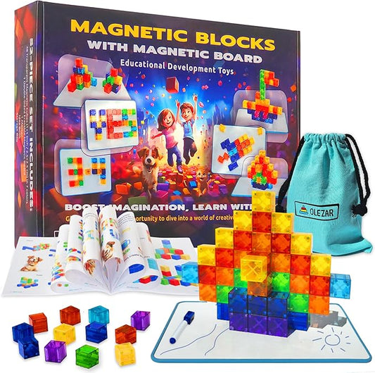 48pcs Magnetic Transparent Blocks, 1inch, 2-in-1 STEM Set with Board, Marker & Book, Educational Building Toy for Kids 3-5, Learning Building Magnet Toys, Magnetic Cubes for Kids Ages 4-8