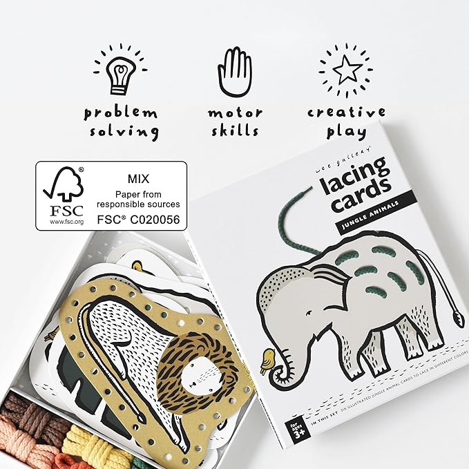 Wee Gallery Jungle Animals Lacing Cards for Toddlers, Sewing Board, Preschool Toys, Montessori Learning Activity for Kids, Learn Motor Skills, Colors, Travel Game, with Soy Inks (Ages 3 4 5 Years +)