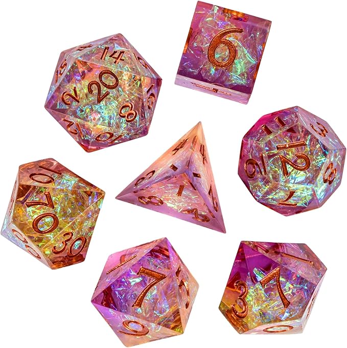 7PCS DND Dice Set,Transparent Sharp Edge Dice Set D&D RPG Polyhedral Die,for Dungeons and Dragons TTRPG Games Roleplaying Games Pathfinder,with Gift Box(Purple and Orange)