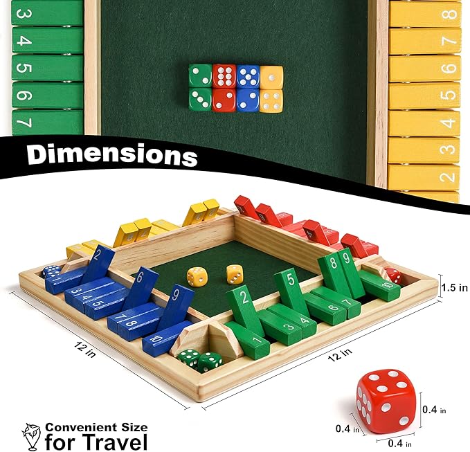 Wooden Shut The Box – Indoor Dice Game – Ideal for 2-4 Players – Great Family Game – Colorful Design - Comfortable Felt – Smart Math Game for Kids – Fun Learning Board Game - Nice Gift Packaging