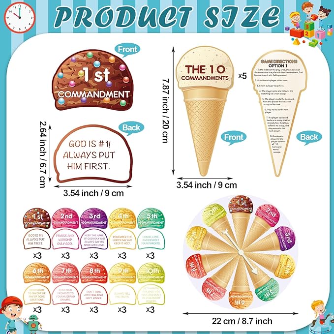 Ten Commandments for Kids Ice Cream Scoop Game Ten Commandments Learning Wheel Sunday School Games 10 Crafts Kids Bible Supplies Religious Educational and Learning Activities