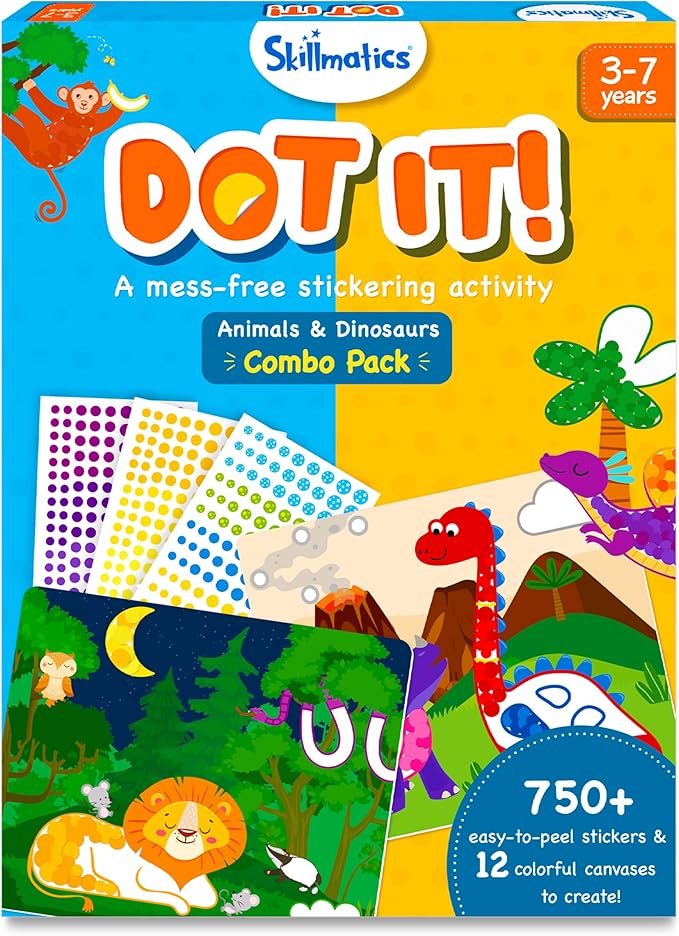 Skillmatics Dot It Sticker Art Activity - Animals & Dinosaurs Combo, Mess-Free Fun for Kids, 750+ Stickers, Craft Kits, DIY Scrapbooking Activity, Travel Toys, Gifts for Ages 3, 4, 5, 6, 7