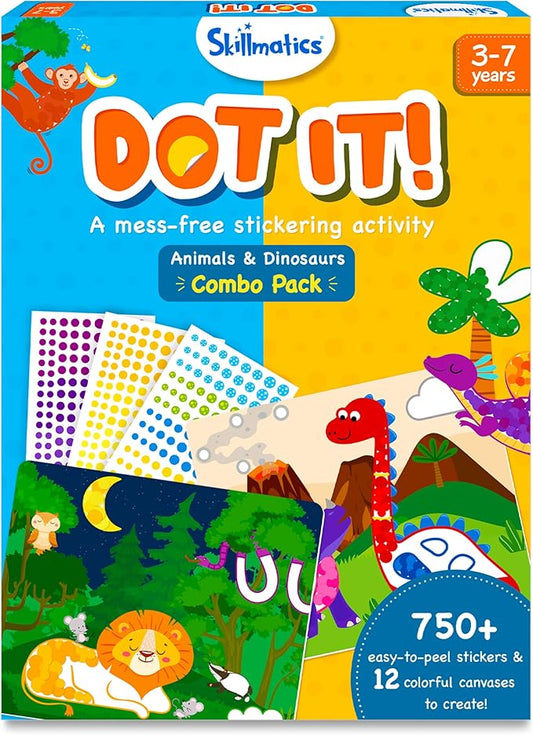 Skillmatics Dot It Sticker Art Activity - Animals & Dinosaurs Combo, Mess-Free Fun for Kids, 750+ Stickers, Craft Kits, DIY Scrapbooking Activity, Travel Toys, Gifts for Ages 3, 4, 5, 6, 7