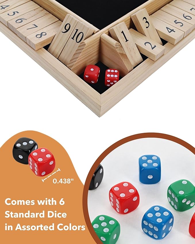 WE Games Shut The Box Wooden Board Game - Classic 4 Player Table Top Math Dice Game, Natural Wood, 8.5 in. Travel Size, 10 Numbers, for Families and Adults