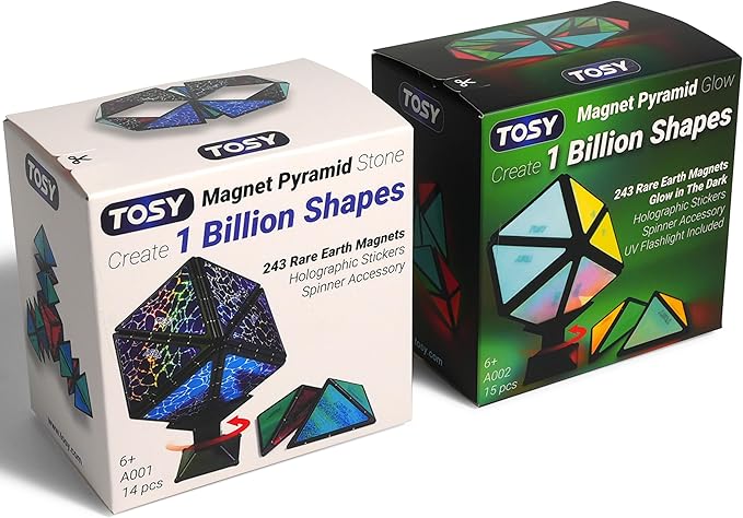 TOSY Magnet Pyramid - 1 Cube Transforms into 1 Billion Shapes, 12 Pieces, 243 Rare Earth Magnets, Glowing, Holographic Magnet Tiles Creative Puzzle STEAM Toy, Mixed Set