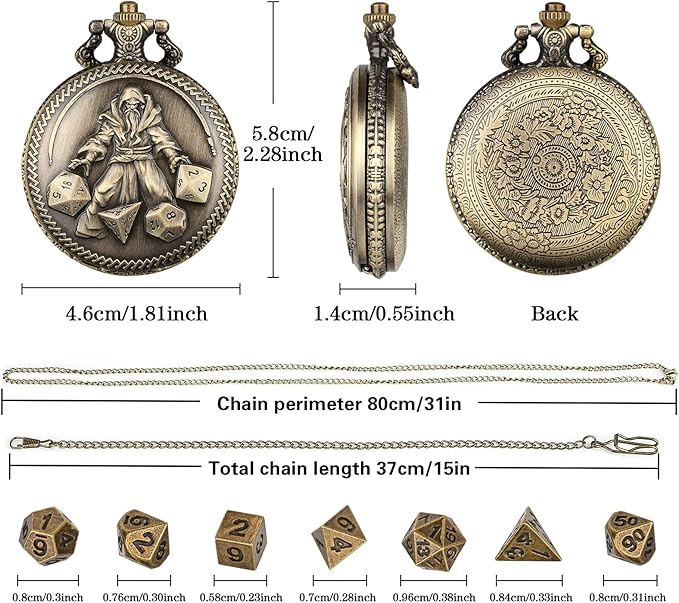 Mini DND Dice Set, Hand Held Dice Wizard Pocket Watch Shell Case, 7 Piece Polyhedral Metal D&D Dice Set, DND Gifts with Gift Box, Role Playing Board Game Accessories, Bronze