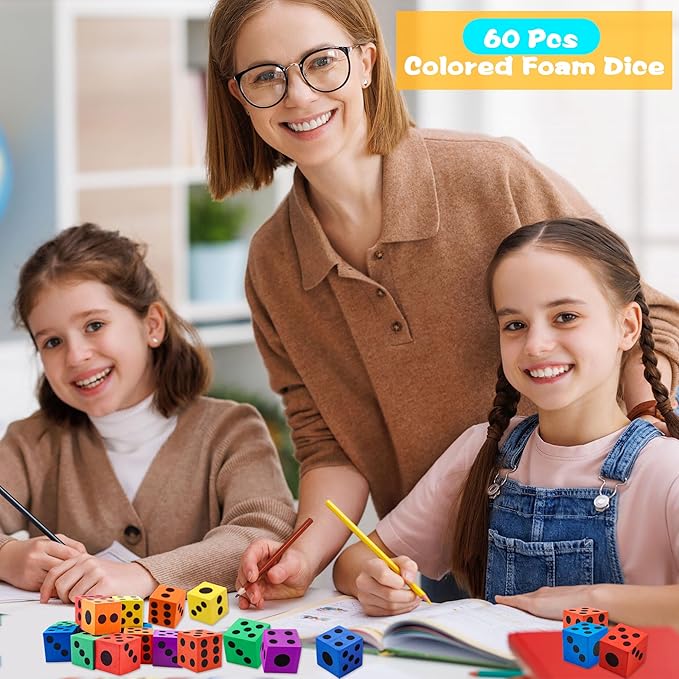 60 Pack 1.5 Inch Colored Foam Dice Set Large Colorful Dice Cubes with Number Dots Soft Dice Building Education Toys for Kids Math Goodie Bag Fillers Gifts Adults Fun Party Games, 6 Colors