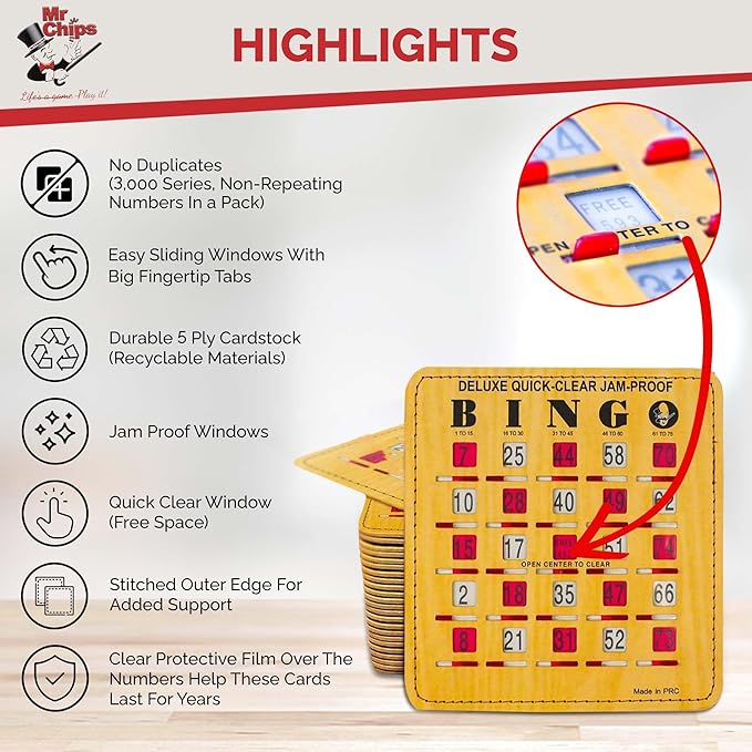 MR CHIPS Jam-Proof Bingo Cards with Sliding Windows, 25 Reusable Shutter Cards, 75 Calling Cards 1 Master Board in Woodgrain Style