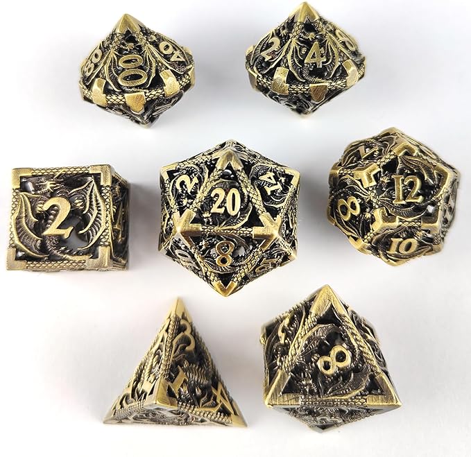 Hollow Dragon Metal Dice,Unique Dungeons and Dragons Polyhedral Dice Set for D&D TRPG,MTG,Pathfinder,Table Board Roll Playing Games D4 D6 D8 D10 D% D12 D20 (Brass)