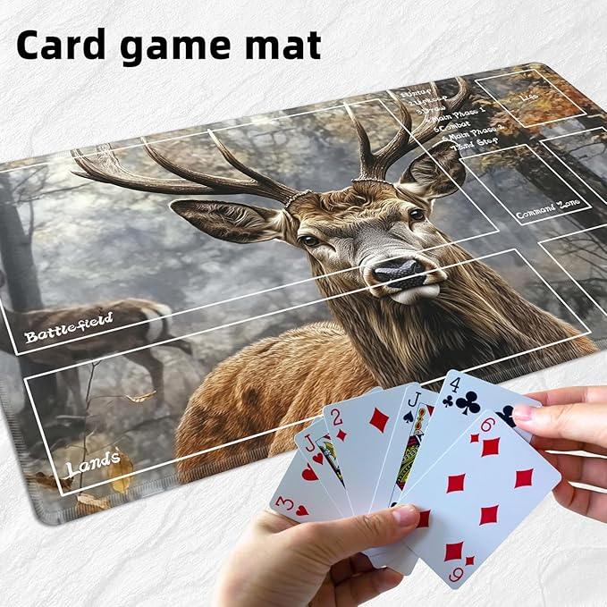 for MTG Playmat with Zones Storage Bag, for TCG Playmat and Playing Card Mat for Magic Board Games, Realistic Deer Non-Slip Stitched Edges Game Mat, Rollable Foldable Card Playmats