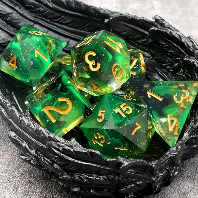 Haxtec Glitter DND Dice Set Sharp Edge Dice with Dice Case Handmade Green Resin D&D Dice Set for TTRPGs Dungeons and Dragons Gifts