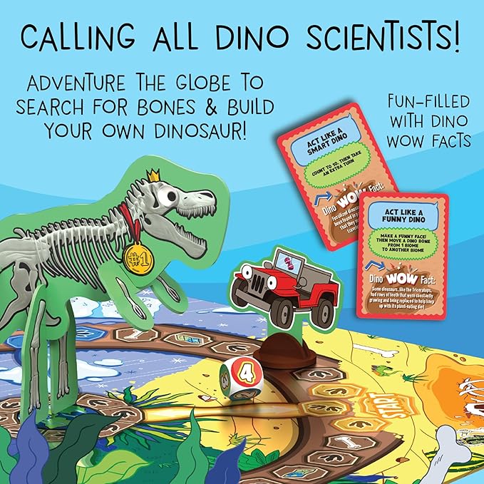 Goliath Wow in The World Build 'Em Up Dinos Adventure Game | Explore The Earth, Learn Crazy Dino Facts, Build A Dino to Win | for 2-4 Players, Ages 6+